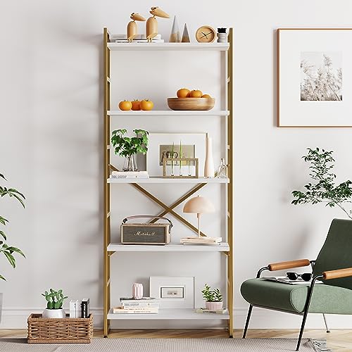 Vongrasig 5 Tier Metal Bookshelf, Narrow Industrial Bookcase, White+Gold - color: White Gold