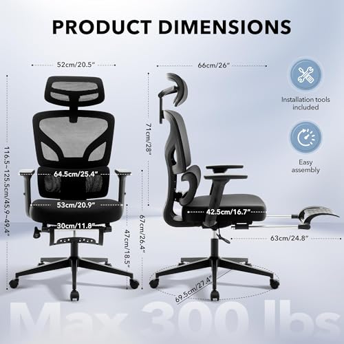 Ergonomic Office Chair Mesh – Adjustable Lumbar 3D Armrests High-Back Desk - color: Black-pf1