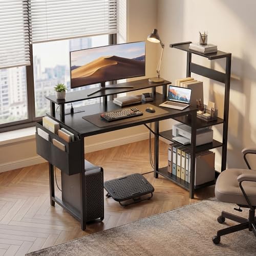 Apicizon 43 Inch Gaming Desk with LED Setup Style, Computer Desk with Storage Shelves & Monitor Stand, Reversible Workstation for Small Space, Home Office Desk Black - size: 43inch