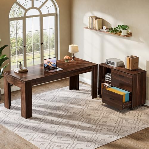 Tribesigns 63" L Shaped Desk with Storage, Executive Office Desk with Mobile Lateral File Cabinet Combo, Large Computer Table with Drawers and Shelves, Business Furniture Set for Home Office, Walnut - color: Walnut