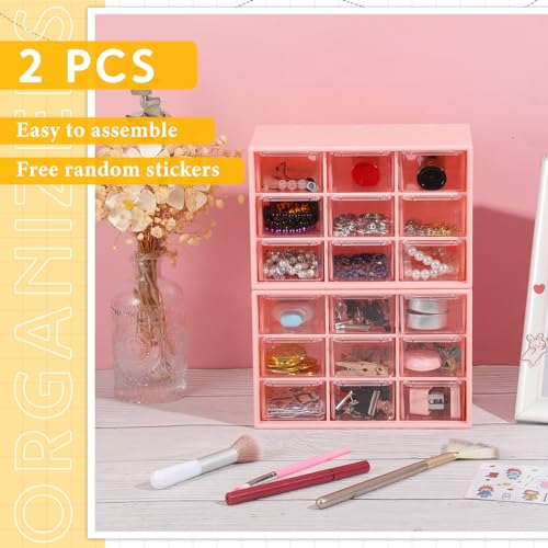 Wenqik 2 Pcs Mini Storage Drawers with 9 Clear Drawers,Pink - color: Pink