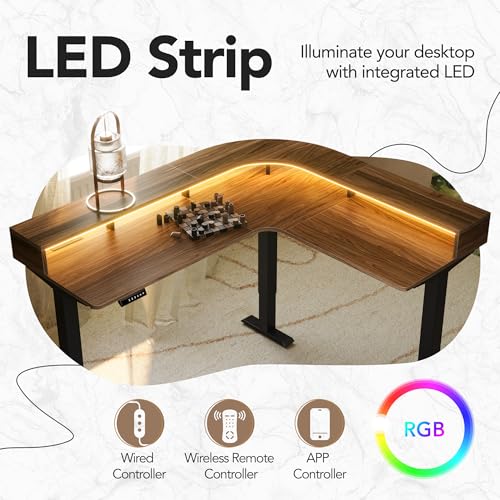 HUANUO LED Electric L Shaped Standing Desk with File Cabinet, Walnut | 63"x55" 2-Tier L-Desk,3-Drawer File Cabinet,RGB LED App Lighting,Built-in Power Outlets,27.6"-46.5" Adjustable Height - color: Walnut, size: with File Cabinet