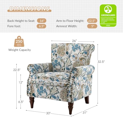HULALA HOME Traditional Floral Accent Chair with Solid Wood Legs, Green | Comfy Upholstered Armchair Reading Chair with Rolled Armrests, Nailhead Trim, Removable Cushion, for Living Room Bedroom - color: Green