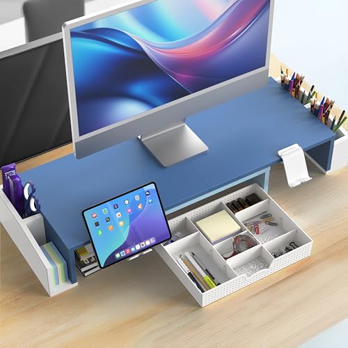 Simple Houseware Desk Dual Monitor Stand Riser with Drawer, Blue - color: Blue