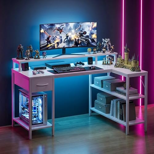 Alpen Gaming Desk, 47 Inch L Shaped Desk with LED Lights, Charging Ports, Corner Desk Reversible Gaming Computer Desk with Shelves Drawer Monitor Stand for Home Office,White - color: White, size: 47 Inches with LED Lights