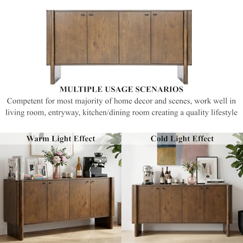Ya-Home Modern Sideboard Buffet Cabinet with Storage, Accent Farmhouse Buffet Coffee Bar Cabinet with 4 Doors, Wooden Media Console Table Credenza for Living Room/Kitchen/Entryway, Brown - color: Brown