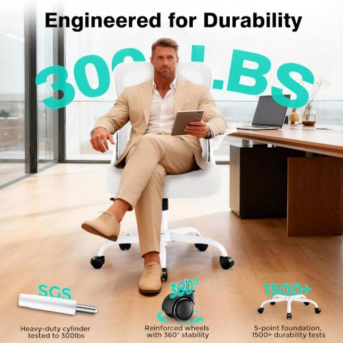 AreShark Office Chair - Ergonomic Breathable Mesh Desk Chair with Adjustable Lumbar Support and Flip-up Armrests - Executive High Back Rolling Swivel Comfortable Computer Gaming Chair for Home Office - color: White