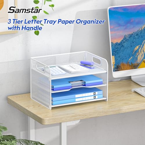 Samstar 3 Tier White Letter Tray Paper Organizer with Handle, Mesh Desk Organizer Paper Sorter File Rack Shelves, White - color: White 3 Tier Pack of 1