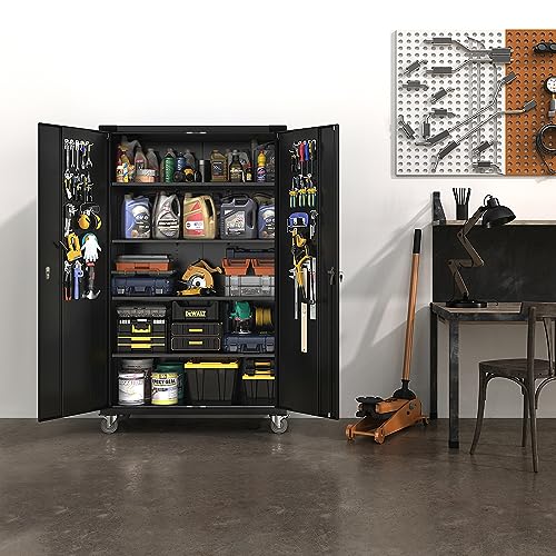 VINGLI Upgraded Wide & Deep Garage Storage Cabinet, Metal Storage Cabinet with Pegboards, Wheels, Locking Doors and Adjustable Shelves (Black, 43''W x 20''D x 72''H) - color: Black, size: Larger 72'' Rolling Cabinet (2-Door)