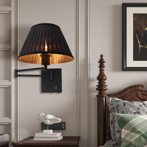 17" Swing Arm Wall Lamp USB & AC Outlet, Dimmable, Black - color: Black