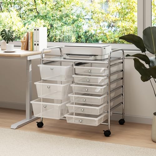 RELAX4LIFE 9 Drawer Rolling Storage Cart - Mobile Drawer Carts for Craft Art Supply Paper Salon, Utility Cart on Wheels for Classroom Teacher School Office, Rolling Cart with Drawers (Clear) - color: Clear, style: 9 Drawers