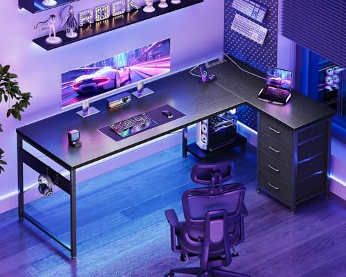 AODK 67" L Shaped Gaming Desk with 4 Drawers and Power Outlets, Black | USB Ports, PC Tower Stand, Hooks, Reversible Corner Layout for Gaming Rooms, Bedrooms and Home Office - color: Black, size: 67 Inch