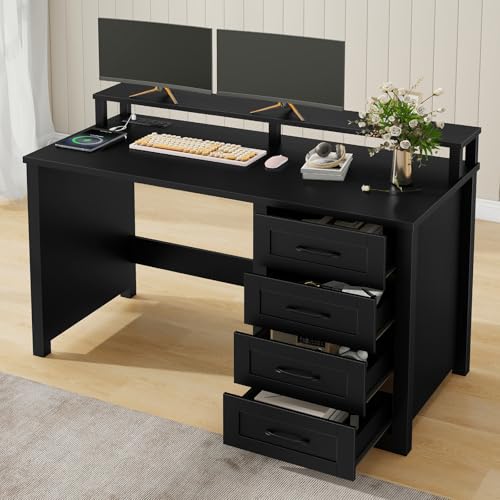 Vabches 47" Farmhouse Executive Desk with 4 Drawers,LED Lights, Pure Black - color: Pure Black, size: 4 Drawers & Monitor Stand