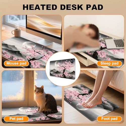 Heated Desk Pad 23.6" x 14.2" 3 Large Heated Mouse Pad with Heat Levels (40°C/45°C/50°C) & 3H Auto Shut-Off Desk Mat Fast Heating PU Leather Warmer Mousepad for Home Office - Cherry Blossom and Moon - color: Cherry Blossom and Moon, size: 23.6 x 14.2 inch