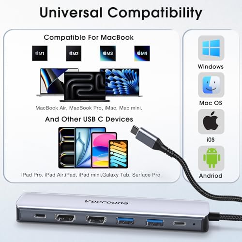 USB C to Dual HDMI Adapter, 7 in 1 Docking Station Dual Monitor | 3*USB-A Data Ports, 100W PD, HDMI Splitter Extended Display Laptop USB C Hub for MacBook, HP, Dell and More