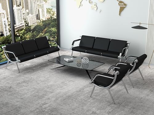 Kinsuite 9-Seat Office Reception Waiting Room Chairs - 3pcs 3-seat Guest & Reception Chairs for Salon Barber Bench Airport Bank Hall Visitor Guest Black PU Leather Office Sofa, Black - size: 3-seat*3