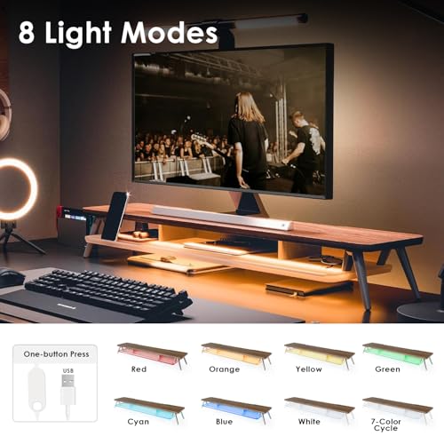 Fenge Dual Monitor Stand with 8-Mode LED Lights and Frosted Shelf, Brown | Sturdy Aluminum Legs, Built-In Phone & Tablet Slot, 2-Tier Storage, 42.5-Inch Desk Shelf for Gaming, Home Office & Streaming - color: Brown