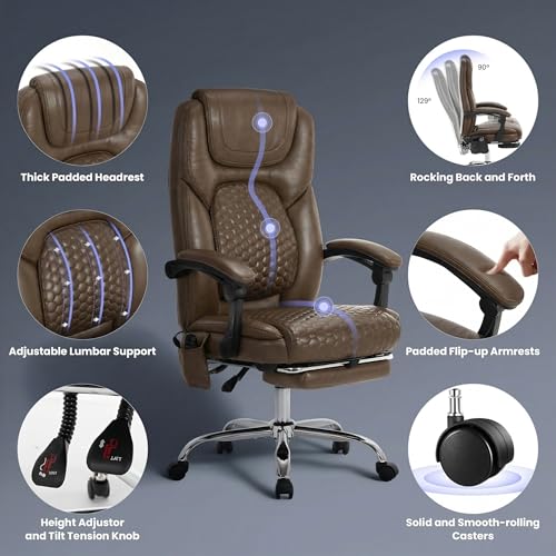 MALOL 300 lbs Massage Office Chair, Big and Tall Desk Chair with 3-Level Heat and Footrest, PU Leather Ergonomic Executive Computer Chair with Side Pocket, Brown - color: Brown, size: Set of 1, style: Classic