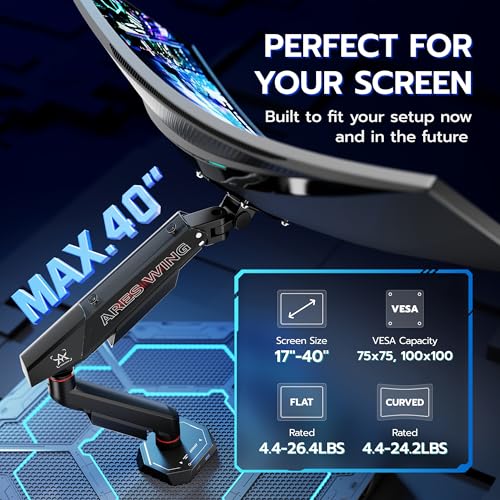ARES WING 17-40 Inch Heavy Duty Single Monitor Arm with USB, Black | Fully Adjustable Monitor Mount for Flat Curved Ultrawide Screens Up to 26.5lbs, C-Clamp & Grommet Base, 75/100 Vesa Mount - color: Black, size: Single Monitor Arm
