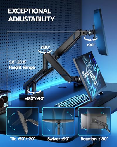 ARES WING 17-45 Inch Monitor Arm Ultrawide Dual Monitor Mount, Black | Heavy Duty Mechanical Spring Monitor Stand Adjustable Arms Holds up to 44lbs, 75/100 VESA Mount with Clamp/Grommet Base - color: Black, style: Non RGB