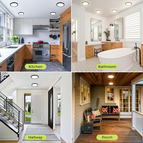 4Pack LED Flush Mount Ceiling Light Fixture, 7Inch 15W, Dimmable&3000K/3500K/4000K/5000K/6500K Adjustable Low Profile Ceiling Lights, 1500LM Round Lamp for Bathroom, Closet, Kitchen, Hallway, Black - color: Black, size: 7Inch-4pack