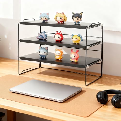 PowerKing Desk Shelf Organizer, 3-Tier Desktop Shelves with Wood Board, Adjustable Bookshelf Storage Rack for Home Office School Study Room (Black Frame + Black Wood) - color: Black Shelf + Black Wooden, size: 3 Tier