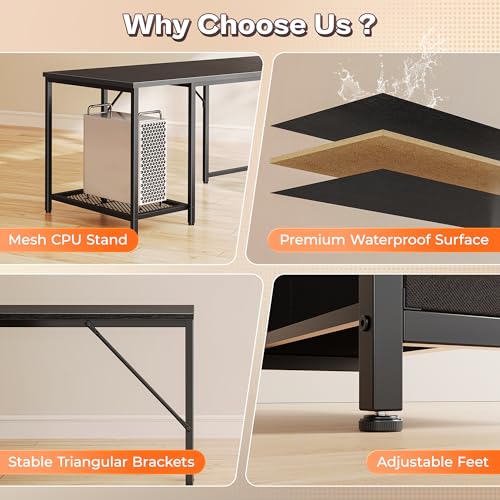 PRAISUN 66" L Shaped Gaming Desk with LED Lights & Power Outlets - color: Black