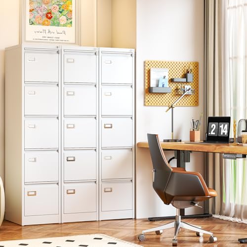 5 Drawer File Cabinet, White Metal Filing Cabinets with Lock Name Card Holder, Metal Vertical Filing Cabinets for Home Office, Steel Storage Cabinet fits Letter/Legal/A4 Size(Assembly Required) - color: White, size: 61.6"H x 15"W x 17.7"D