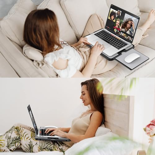 AboveTEK Portable Laptop Lap Desk w/Retractable Left/Right Mouse Pad Tray, Non-Slip Heat Shield Tablet Notebook Computer Stand Table w/Sturdy Stable Work Surface for Bed Sofa Couch or Travel