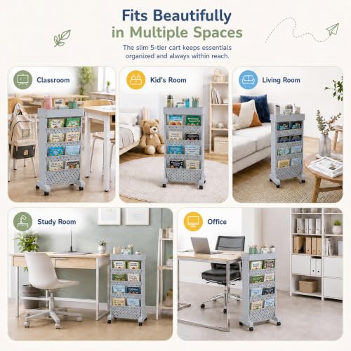5-Tier Rolling Bookshelf Cart with Wheels, Gray - color: Grey, size: 5-Tier 26"H