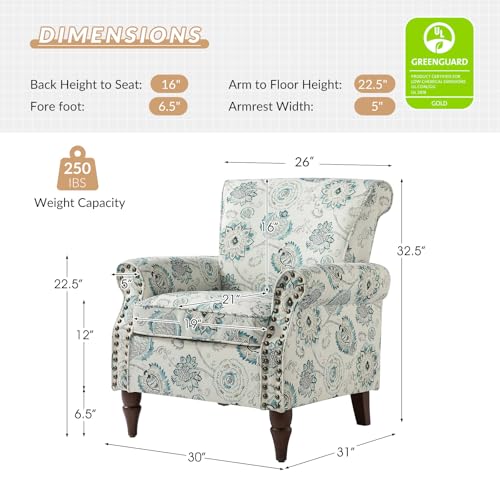 HULALA HOME Traditional Floral Accent Chair with Solid Wood Legs, Medallion | Comfy Upholstered Armchair Reading Chair with Rolled Armrests, Nailhead Trim, Removable Cushion, for Living Room Bedroom - color: Medallion