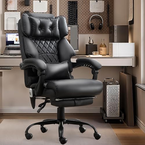 Office Chair with Foot Rest,3D Kneading Massage & Heat Executive Office Chairs for Heavy People,500LBS Big and Tall Office Chair,Ergonomic Reclining Desk Chair,Dual-Use Pillow,Home Office,Black - color: Black, size: 3D Kneading