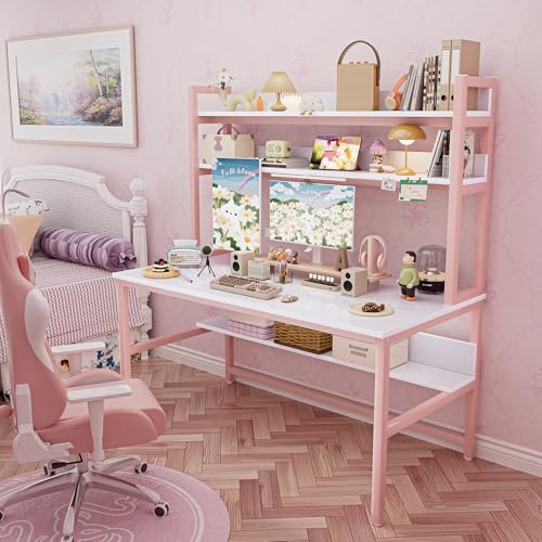 Aquzee Pink Desk with Shelves, Computer Desk with Hutch, 55 Inch - color: Pink, size: 55inch