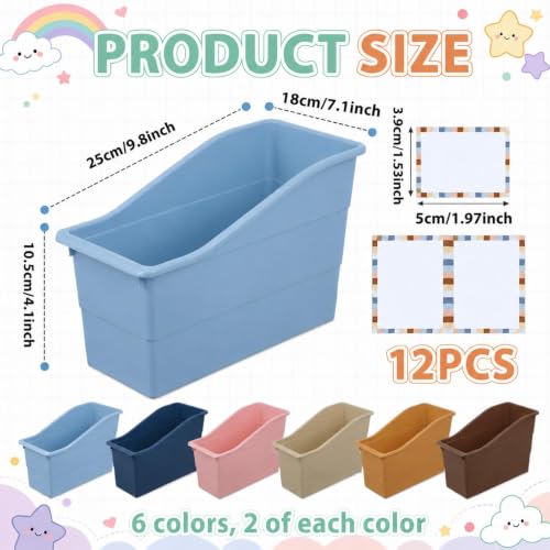 12 Pack Large Book Bins, Durable Magazine Organizer File Holder Plastic Book Storage Bins with Labels for Classroom Library Office, Desktop Organization, Bookshelf Categorization (Retro) - color: Retro