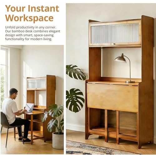 Folding Desk with Storage, Bamboo Foldable Computer Desk for Small Spaces, Small Writing Desk with Shelves for Bedroom Dorm Home Office