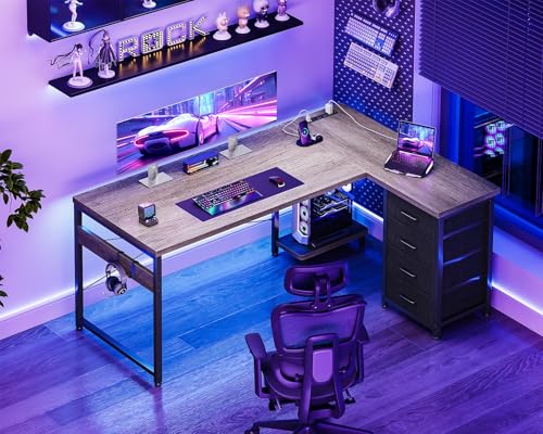 AODK L Shaped Gaming Desk with 4 Drawers, 53" Reversible Home Office Desks with Power Outlets, L Shaped Computer Desk with USB Charging Port and Host Stand, Corner Desk, Easy to Assemble, Grey - color: Grey, size: 53 Inch