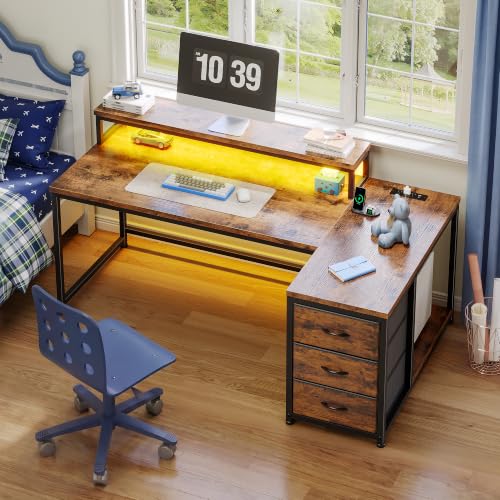 EnHomee 55" L Shaped Computer Desk with 3 Storage Drawers for Home Office - color: Rustic Brown, size: 55 Inch
