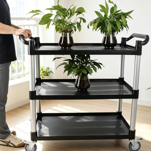 3-Tier Rolling Utility Cart with 4 Lockable Wheels, Heavy Duty Plastic Service Cart with 540lbs Capacity, Commercial Service Cart on Wheels for Restaurant/Office/Warehouse/Kitchen/School, Black