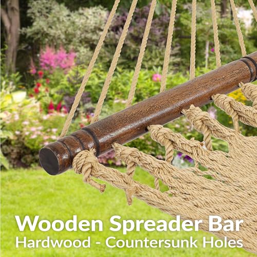 Sunnydaze Heavy Duty Double Rope Hammock for Outside, 600 lb Capacity | Tan, 75" x 55" Bed, Soft-Spun Polyester, Wood Spreader Bars, 2-Person Outdoor Hammock for Backyard, Camping, or Patio - color: Tan