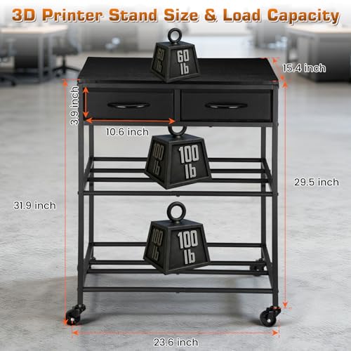 3D Printer Filament Storage Shelf with Drawers& Wheels, Black 2-Tier 3D Printer Filament Metal Stand with Storage, Adjustable Filaments Organzied Rack for Workshop Studio Office, 4 Leveling Feet - color: Black