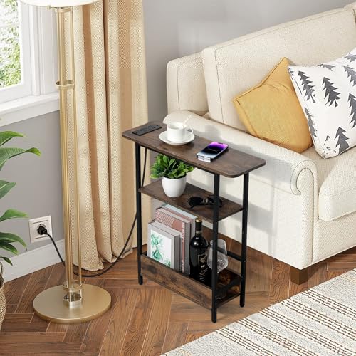 Narrow End Table with USB-C Charging Station, 3-Tier Slim Side Table | Modern Space-Saving Small End Table with Charging Station, Storage Shelves for Couch, Bedroom, Living Room, Small Spaces