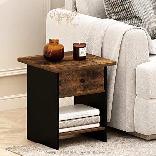 Furinno Dario End Table/ Night Stand Storage Shelf with Bin Drawer, Amber Pine/Black, 1-Pack, Upper Bin | 1x Storage Bin, Round Corner Night Stand with Open Back Shelf, Bedside Table, for Living Room, Bedroom - color: Amber Pine/Black, size: 1-Pack, Upper