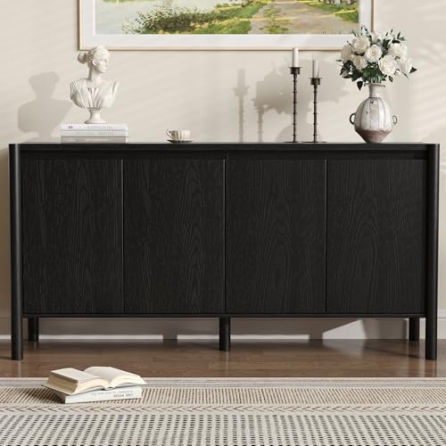 59 Inch Black Buffet Cabinet, Mid Century Wood Sideboard Storage - color: Black