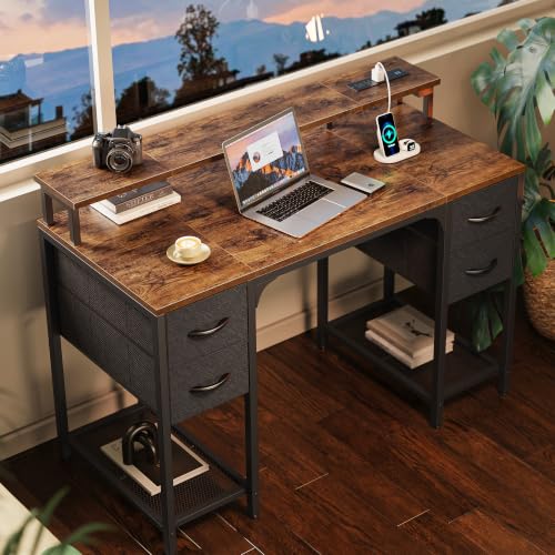 Huuger 47 inch Computer Desk with Power Outlets & 4 Drawers - color: Rustic Brown With Black Drawers, size: 47 Inch