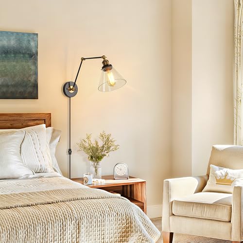 LOG BARN Swing Arm Wall Sconce Plug-in or Hardwire, Adjustable Black Antique Brass Wall Lamp with Clear Glass Shade, Reading Light for Bedroom, Living Room, Office