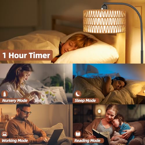 Rattan Floor Lamps for Living Room with Dimmable 9W LED Bulb Farmhouse | Remote Control Boho Standing Lamps with Rattan& Linen Double Shades, Arc Lamps Reading Floor Tall Lamp for Bedroom - style: Cylinder-Black