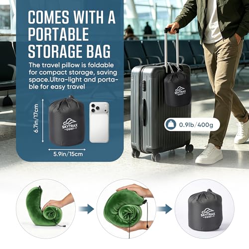 SkytraxComf® Travel Neck Pillow with Hood for Privacy on Long Flights | Memory Foam | Airplane Sleep | Safety-Tested Materials | Extra Large Hood | Chin Support | Earplugs | Washable Cover - color: Olive