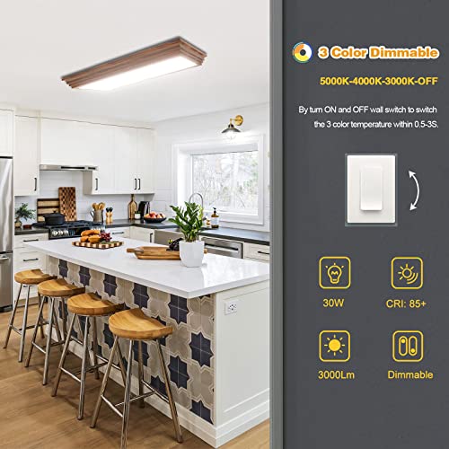 2FT LED Light Fixture with 3000K/4000K/5000K CCT Selectable Dimmable 2 Foot LED Linear with Wooden Look 30W 3300LM Flush Mount Ceiling Wraparound for Kitchen, Bedroom, Laundry - size: 2FT | 1 Pack