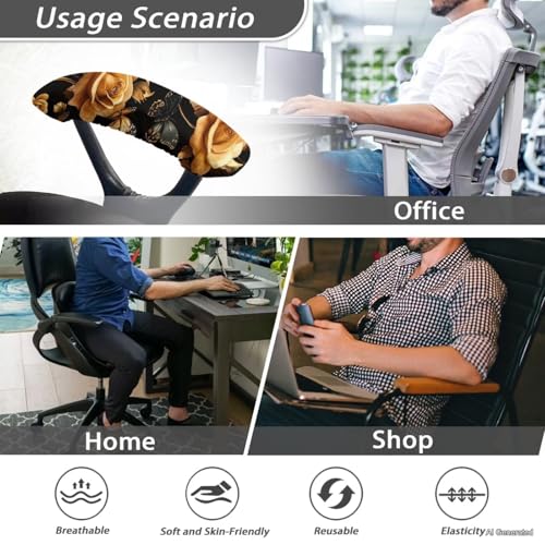 Rose Butterfly Print Office Chair Arm Covers Protectors, Elastic Chair Armrest Slipcovers Soft Comfy Desk Chair Armrest Covers, Universal Game Chair Arm Rest Covers - color: Black and Gold - Rose Butterfly