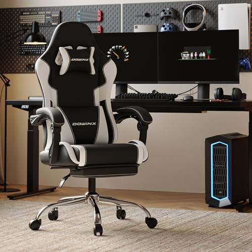 Gaming Chair for Adults with Footrest, Height Adjustable Linkage Armrests - color: White Black